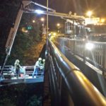 Highway bridge inspection, Under bridge maintenance, Railroad Snooper inspection truck.